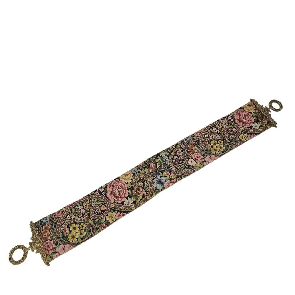 Vintage Floral Tapestry Bell Pull Wall Decor 48"x5.75" Goldtone Ends Old Money